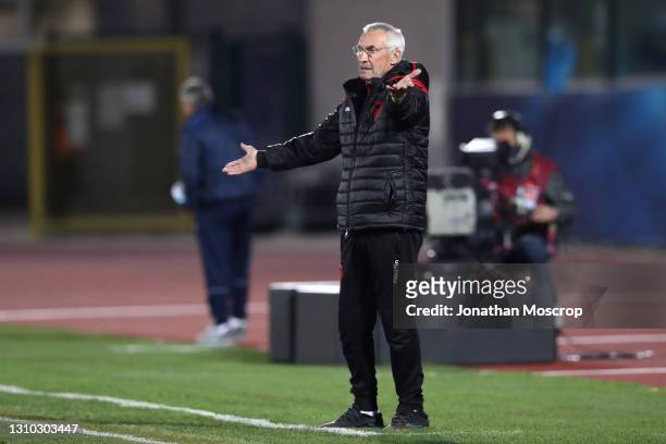 Edoardo Reja Head coach of Albania reacts during the FIFA World Cup 2022 Qatar qualifying match between San Marino and Albania at San Marino Stadium...