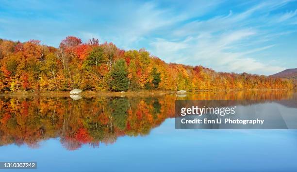 stunning fall colors reflected in lake - vermont stock-fotos und bilder