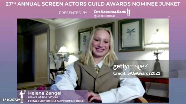 In this screengrab, Helena Zengel of News of the World speaks during the press junket for the 27th Annual Screen Actors Guild Awards on April 01,...