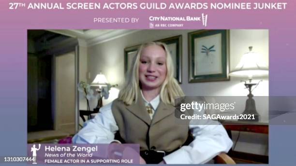 In this screengrab, Helena Zengel of News of the World speaks during the press junket for the 27th Annual Screen Actors Guild Awards on April 01,...