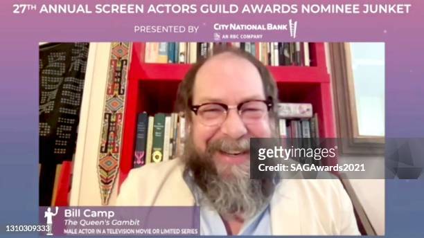 In this screengrab, Bill Camp of The Queen’s Gambit speaks during the press junket for the 27th Annual Screen Actors Guild Awards on April 01, 2021.