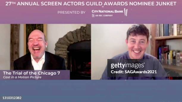 In this screengrab, John Carroll Lynch and Alex Sharp of The Trial of the Chicago 7 speak during the press junket for the 27th Annual Screen Actors...