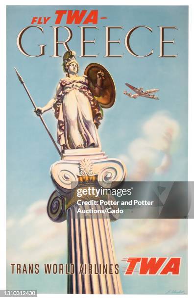 "Greece" travel poster depicting a TWA jet soaring over a statue of Athena atop an Ionic column, illustrated by S Almaliction for Trans World...