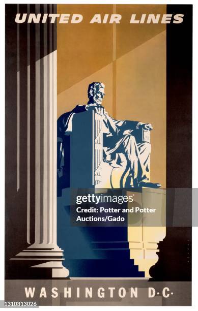 "Washington DC" travel poster depicting light streaming over the Lincoln Memorial's Abraham Lincoln statue, illustrated by Joseph Binder for United...