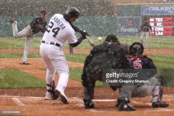 Miguel Cabrera of the Detroit Tigers hits a first inning two run home run off of a pitch from Shane Bieber of the Cleveland Indians during Opening...