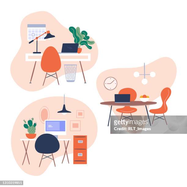 illustration set of office workspaces - filing cabinet stock illustrations