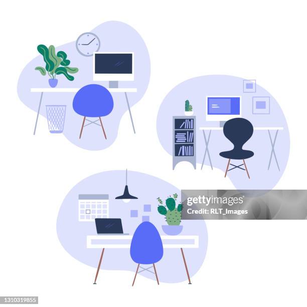 ilustrações de stock, clip art, desenhos animados e ícones de illustration set of office workspaces - quarto arrumado