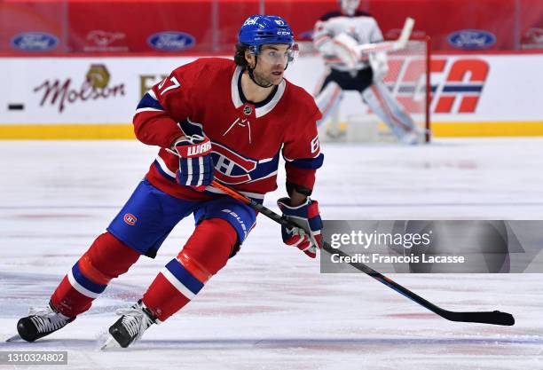 Michael Frolik of the Montreal Canadiens skates for position against the Edmonton Oilers in the NHL game at the Bell Centre on March 30, 2021 in...