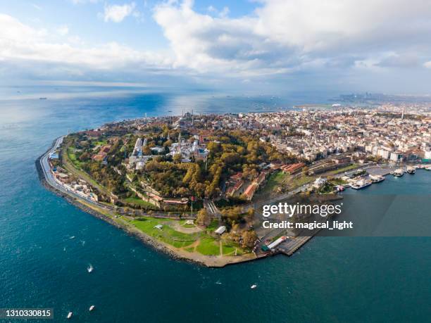 aerial view of istanbul peninsula - blue mosque stock pictures, royalty-free photos & images