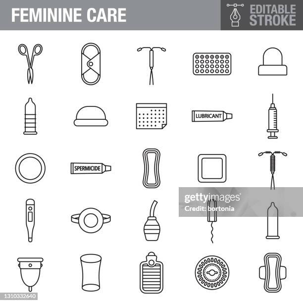 feminine care editable stroke icon set - contraceptive stock illustrations