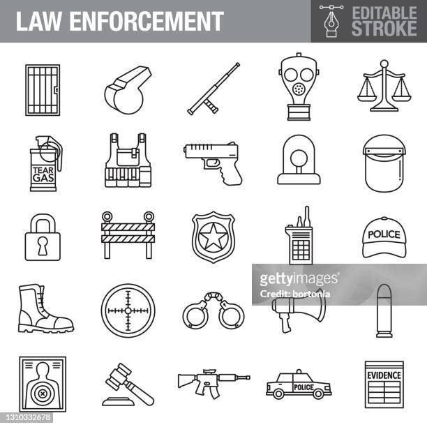 illustrazioni stock, clip art, cartoni animati e icone di tendenza di set di icone tratto modificabile delle forze dell'ordine - handgun