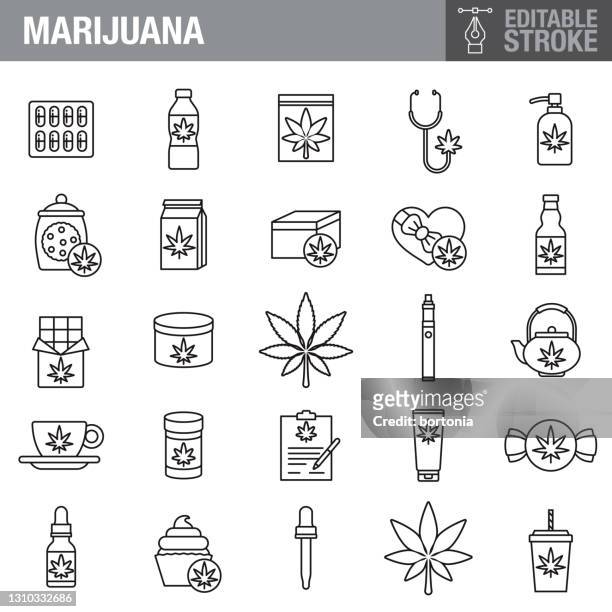 ilustraciones, imágenes clip art, dibujos animados e iconos de stock de conjunto de iconos de trazo editable de marihuana - brownie