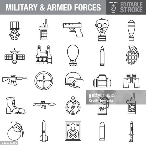 ilustrações de stock, clip art, desenhos animados e ícones de military editable stroke icon set - bomba