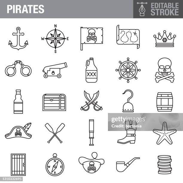 pirate editable stroke icon set - silver hat stock illustrations