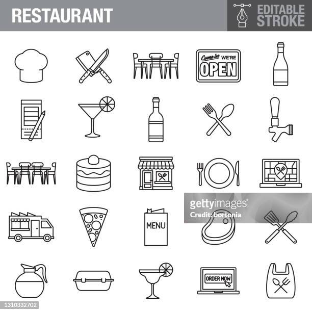 illustrazioni stock, clip art, cartoni animati e icone di tendenza di set di icone tratto modificabile ristorante - pranzo