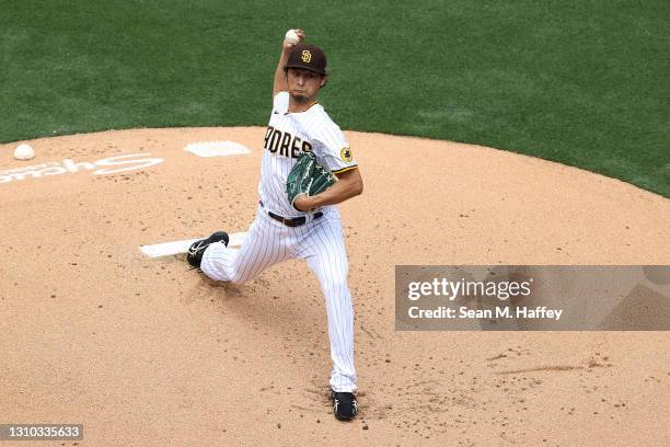 Yu Darvish of the San Diego Padres pitches during the first inning of a game against the Arizona Diamondbacks on Opening Day at PETCO Park on April...