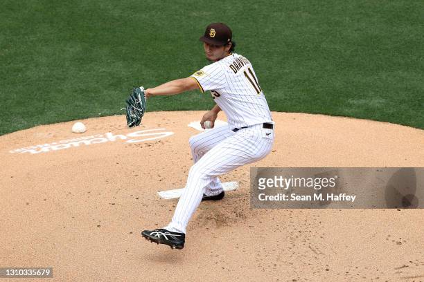 Yu Darvish of the San Diego Padres pitches during the first inning of a game against the Arizona Diamondbacks on Opening Day at PETCO Park on April...