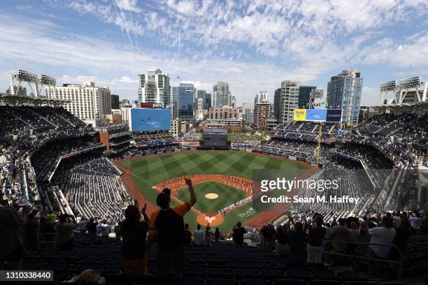 General view of the stadium as teams were announced prior to a game between the Arizona Diamondbacks and the San Diego Padres on Opening Day at PETCO...