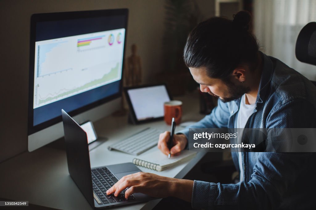 Someone Using His Computer Young Man Using Desktop Pc At Desk In Home Office High-Res Stock Photo ...