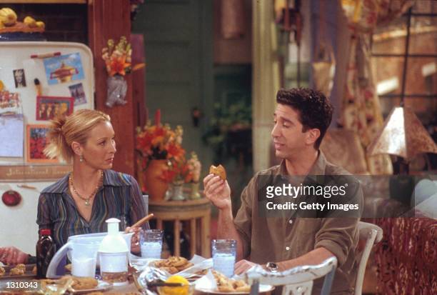 Lisa Kudrow and David Schwimmer act in a scene from "Friends" .