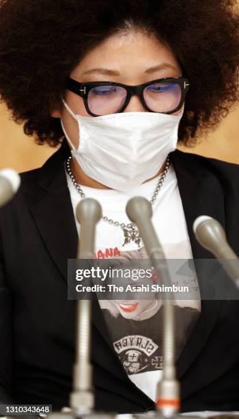 Kyoko Kimura, mother of late pro-wrestler Hana Kimura, attends a press conference on March 30, 2021 in Tokyo, Japan. The Broadcast and Human Rights...