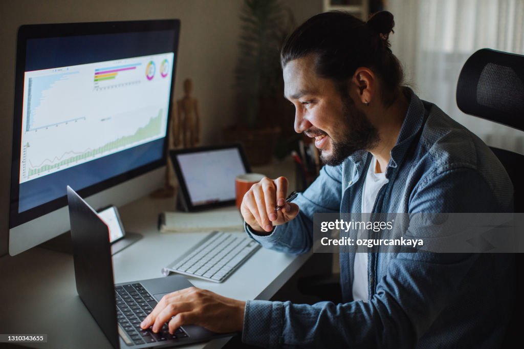 Someone Using His Computer Young Man Using Desktop Pc At Desk In Home Office High-Res Stock Photo ...