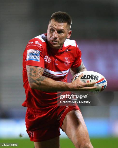 Shaun Kenny-Dowall of Hull Kingston Rovers runs with the ball during the Betfred Super League match between Hull Kingston Rovers and St Helens at...