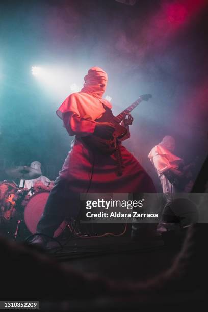 Spanish guitarist Weasel Joe of El Altar del Holocausto performs on stage at Independance Club on April 01, 2021 in Madrid, Spain.