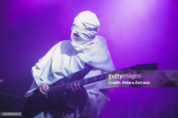 Spanish guitarist Weasel Joe of El Altar del Holocausto performs on stage at Independance Club on April 01, 2021 in Madrid, Spain.