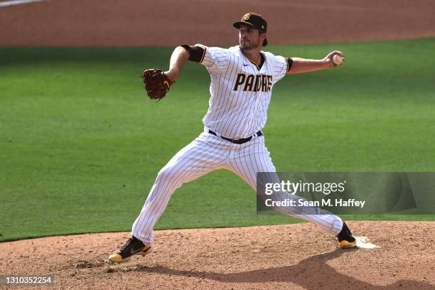 Drew Pomeranz of the San Diego Padres pitches during the eighth inning of a game against the Arizona Diamondbacks on Opening Day at PETCO Park on...