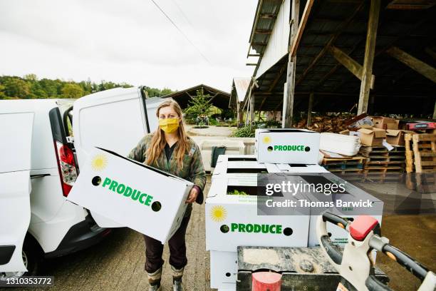 wide shot of female farmer wearing protective face mask holding csa box while loading delivery van - wide load stock pictures, royalty-free photos & images