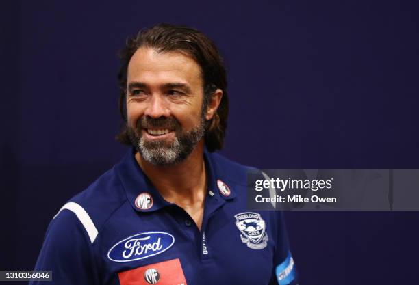 Chris Scott, senior coach of the Cats talks to the media during a Geelong Cats AFL training session at GMHBA Stadium on April 02, 2021 in Geelong,...