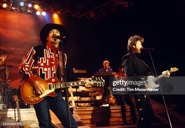 Kix Brooks and Ronnie Dunn of Brooks & Dunn perform at Shoreline Amphitheatre on October 22, 1994 in Mountain View, California.