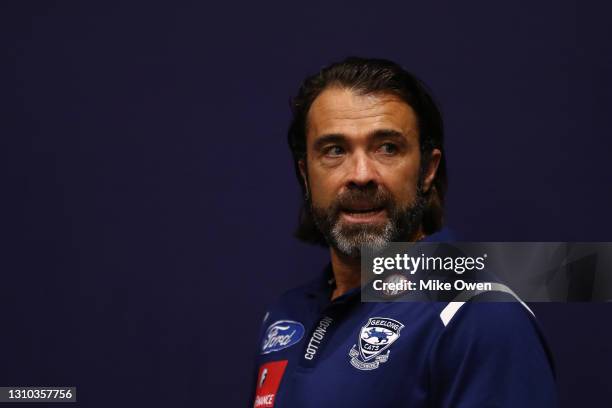 Chris Scott, senior coach of the Cats talks to the media during a Geelong Cats AFL training session at GMHBA Stadium on April 02, 2021 in Geelong,...