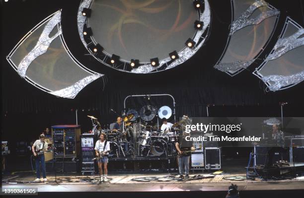 Phil Lesh, Mickey Hart, Bob Weir, Bill Kreutzmann, Jerry Garcia, and Vince Welnick of the Grateful Dead perform at Shoreline Amphitheatre on July 2,...