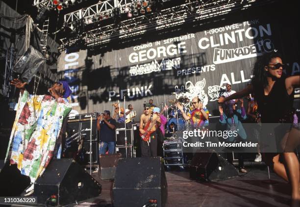 George Clinton of George Clinton & the P-Funk Allstars performs during Lollapalooza at Shoreline Amphitheatre on August 28, 1994 in Mountain View,...