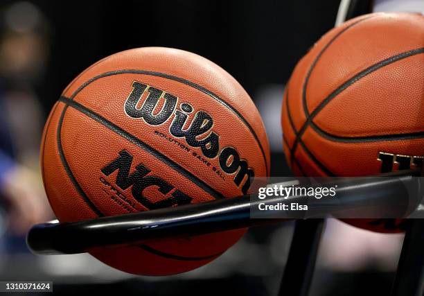 Basketballs are seen on the rack as they await warm ups to begin during the Sweet Sixteen round of the NCAA Women's Basketball Tournament at the...