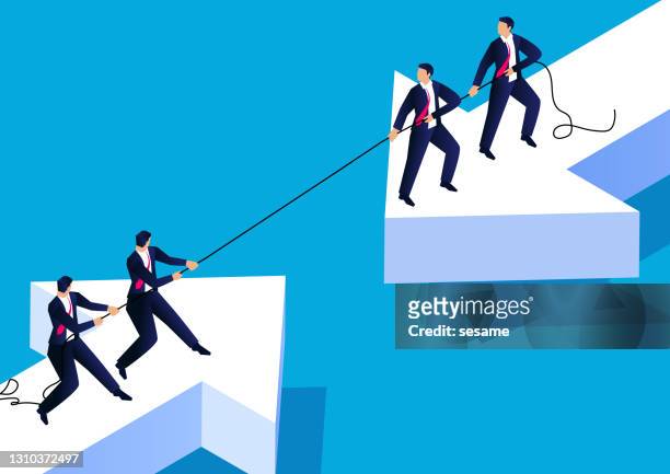 two groups of businessmen are tug-of-war on arrows in opposite directions, the teams compete - conflict stock illustrations