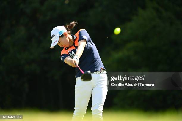 Kana Nagai of Japan hits her tee shot on the 5th hole during the second round of the Yamaha Ladies Open Katsuragi at the Katsuragi Golf Club on April...