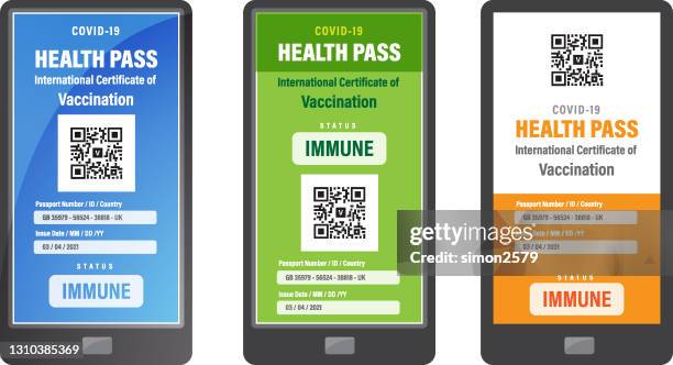 ilustraciones, imágenes clip art, dibujos animados e iconos de stock de covid-19 health pass aplicación de teléfono móvil - certificado de inmunización