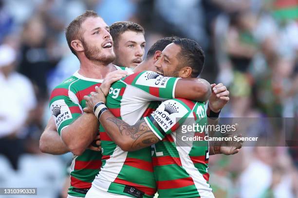 Latrell Mitchell of the Rabbitohs celebrates scoring a try with Benji Marshall of the Rabbitohs during the round four NRL match between the...