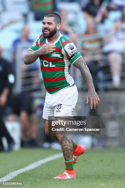 Adam Reynolds of the Rabbitohs celebrates scoring a try during the round four NRL match between the Canterbury Bulldogs and the South Sydney...