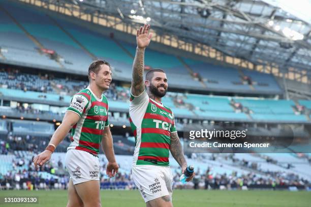 Adam Reynolds of the Rabbitohs and Cameron Murray of the Rabbitohs thank fans after winning the round four NRL match between the Canterbury Bulldogs...