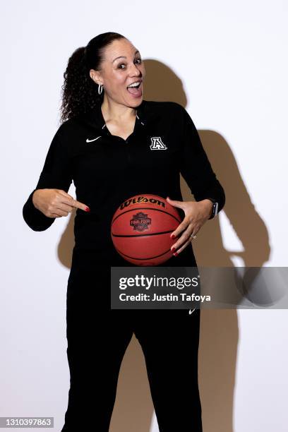 Head coach Adia Oshun Barnes of the Arizona Wildcats poses during media day during the NCAA Women's Basketball Tournament at Henry B. González...