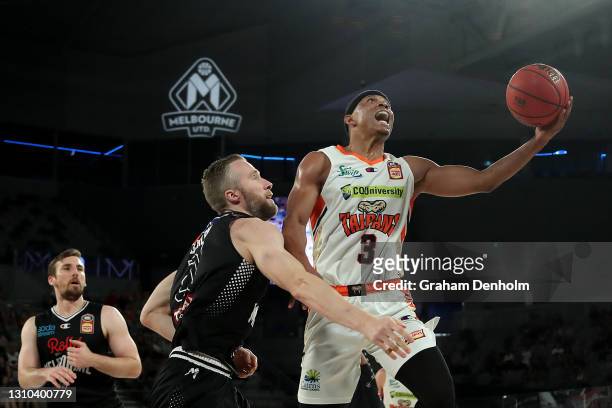 Scott Machado of the Taipans drives at the basket during the round 12 NBL match between Melbourne United and the Cairns Taipans at John Cain Arena,...