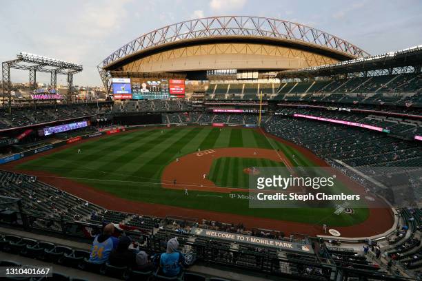 Marco Gonzales of the Seattle Mariners throws the first pitch against the San Francisco Giants in the first inning on Opening Day at T-Mobile Park on...