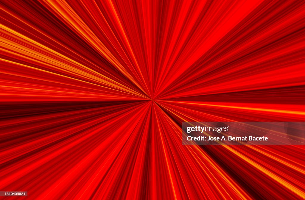 Red color abstract background with infinite light lines with vanishing point.