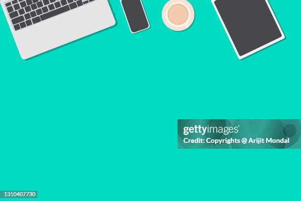 directly above shot office table vector illustration of computer keyboard, smart phone, tab, tea, green copy space - leadership vector stock pictures, royalty-free photos & images