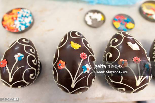 Chocolate Easter eggs decorates on April 02, 2021 in Turin, Italy. Since the 1930s, the Croci family's artisan laboratory in Turin has been producing...