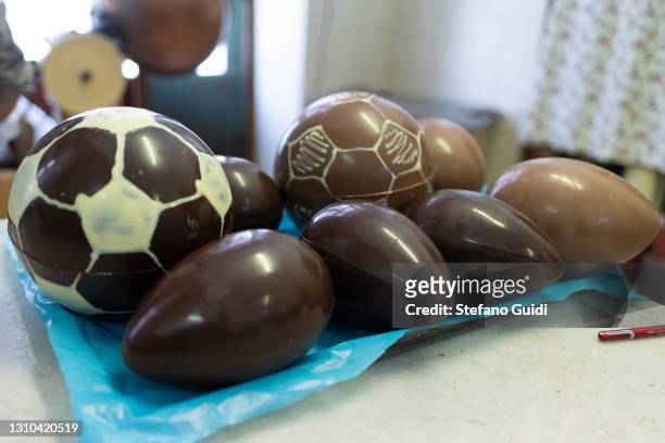 Chocolate Easter eggs for sale in the chocolate laboratory on April 02, 2021 in Turin, Italy. Since the 1930s, the Croci family's artisan laboratory...